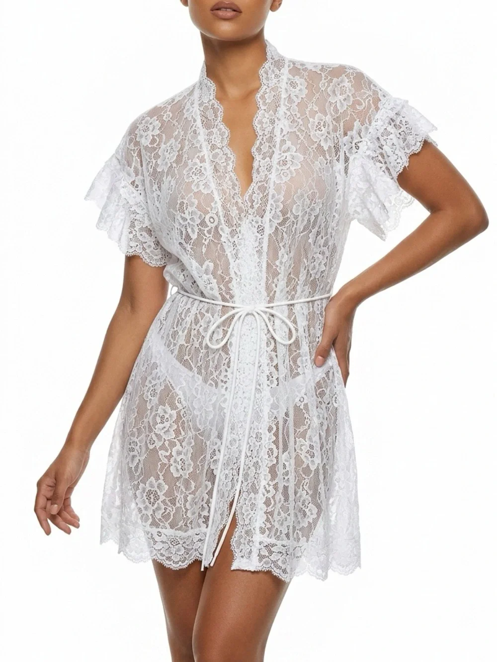 White Floral Lace Robe Ruffle Trim Sheer Short Sleeve Bridal Lingerie Romance OS